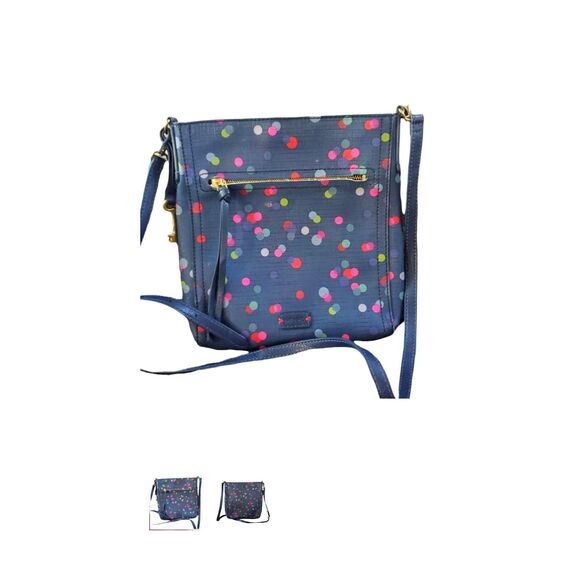 Fossil Blue Coated Canvas Purse With Multicolored Polka Dot Adjustable Crossbody - Picture 1 of 7